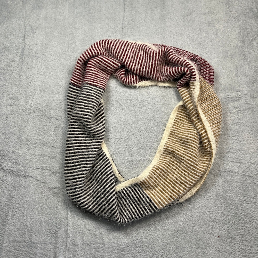 Look Infinity Scarf Womens Multi Colorblock Striped Fuzzy Knit Loop Burgundy